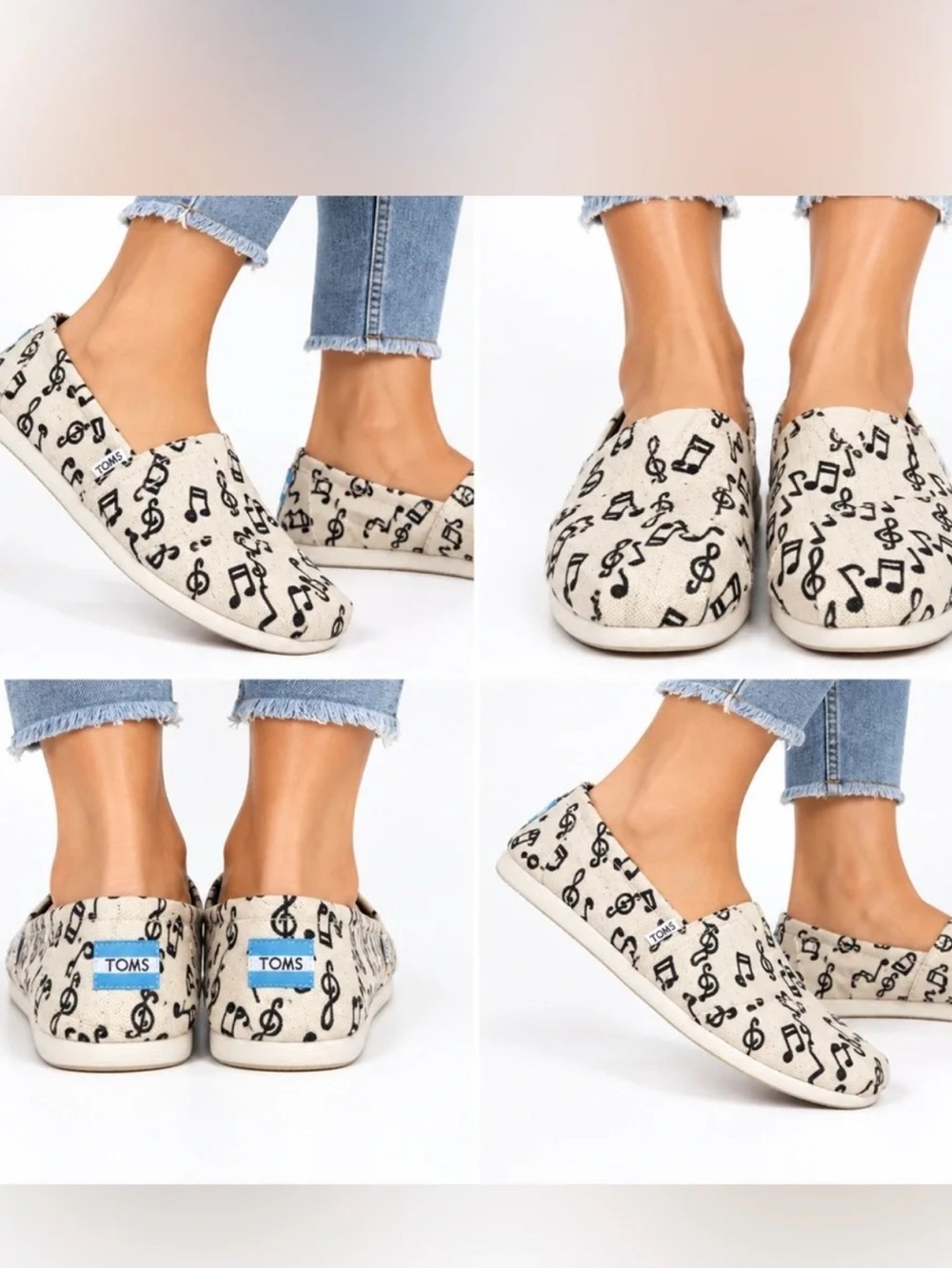 Toms Natural Canvas Slip-On Flats with Black Music Note Print